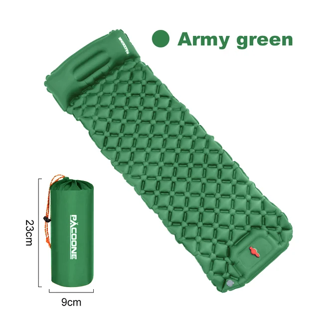 PACOONE Outdoor Camping Sleeping Pad Inflatable Mattress with Pillows Ultralight Air Mat Built-in Inflator Pump Travel Hiking Army green