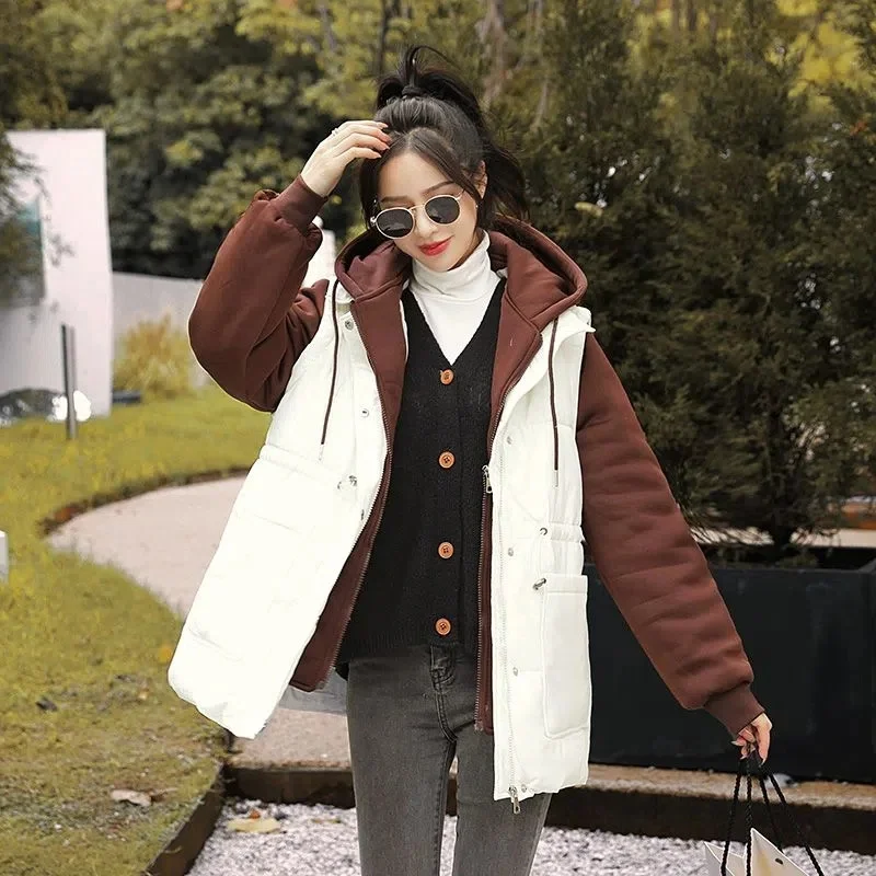 2023 Women Fat MM Loose Fake Two-piece Splicing Hooded Cotton-Padded Jacket Women Winter Waist This Year's Popular Cardigan Coat