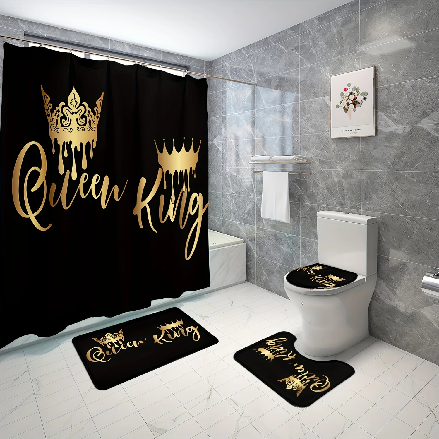 Crown Letter Pattern Shower Curtain Set, Waterproof Bath Curtain With , U-shaped Mat, Toilet Cover Mat, L-shaped Bathroom A