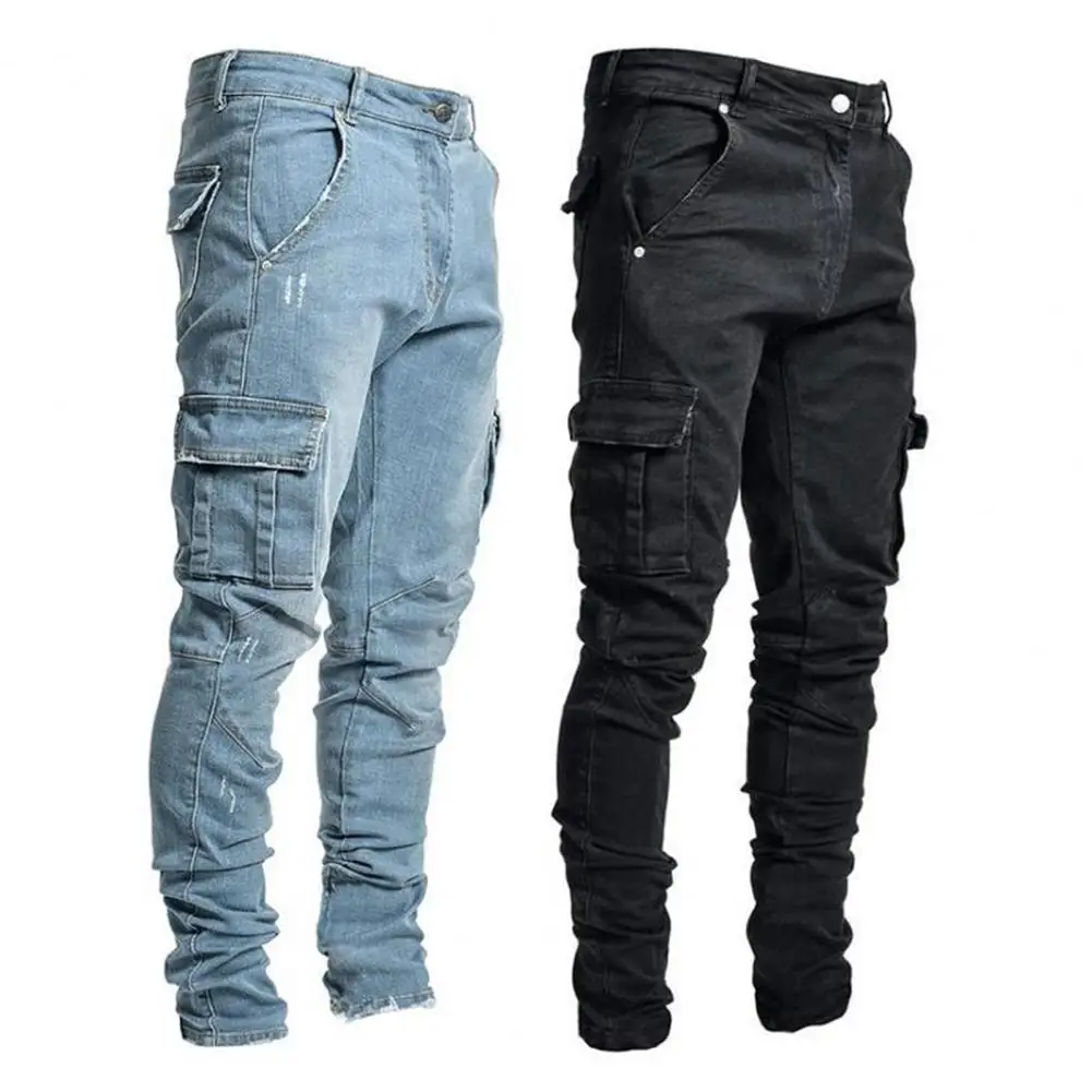 

Jeans Men Pants Wash Solid Color Multi Pockets Denim Mid Waist Cargo Jeans Plus Size Fahsion Casual Trousers Male Daily Wear