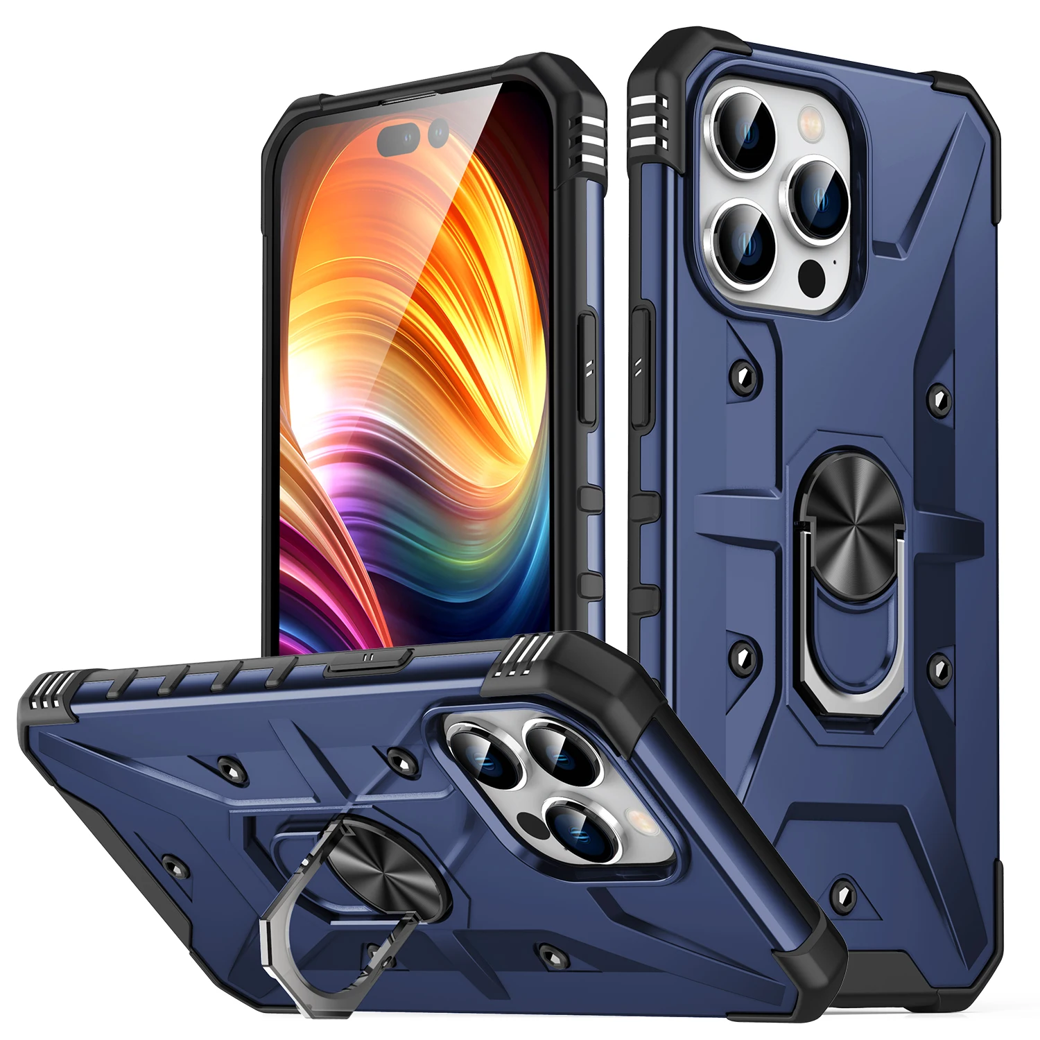Durable Shockproof Case with Magnetic Metal Ring Holder and Rugged Armor Design