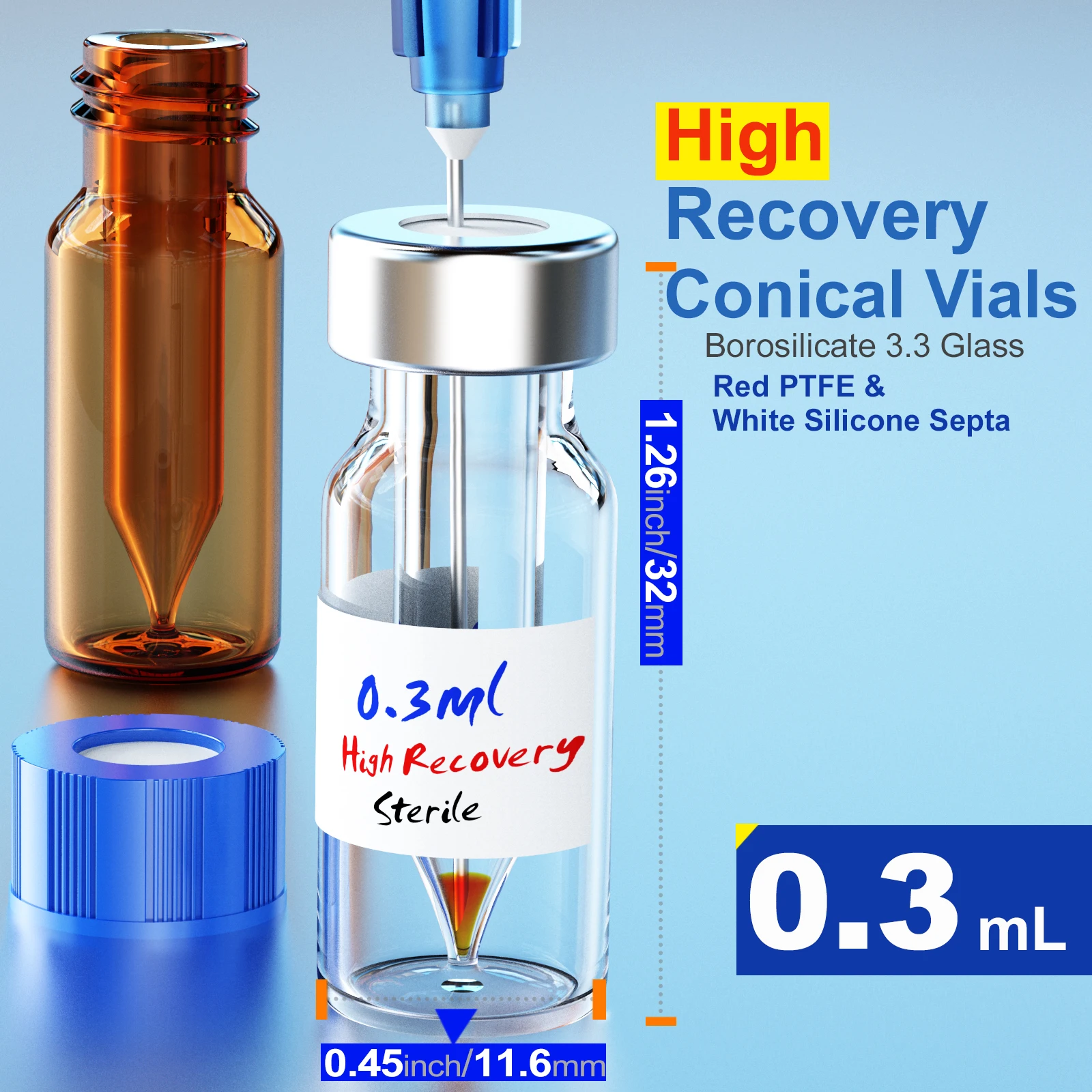 Sterile Vials with Micro-insert Screw Cap, Glass Insert Conical Bottom Shell Vials for Maximum Retrieval,6pcs