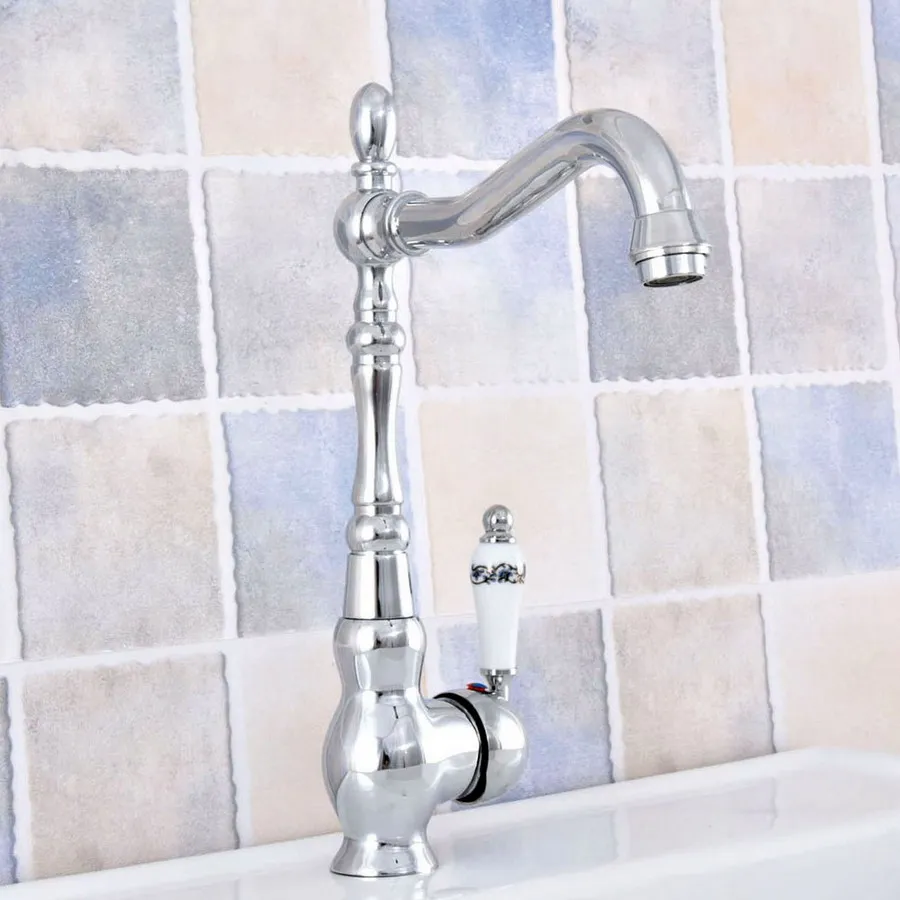 

Chrome Finish Brass Single Hole Deck Mount Kitchen Basin Faucet Swivel Spout Bathroom Sink Cold Hot Water Taps 2sf654