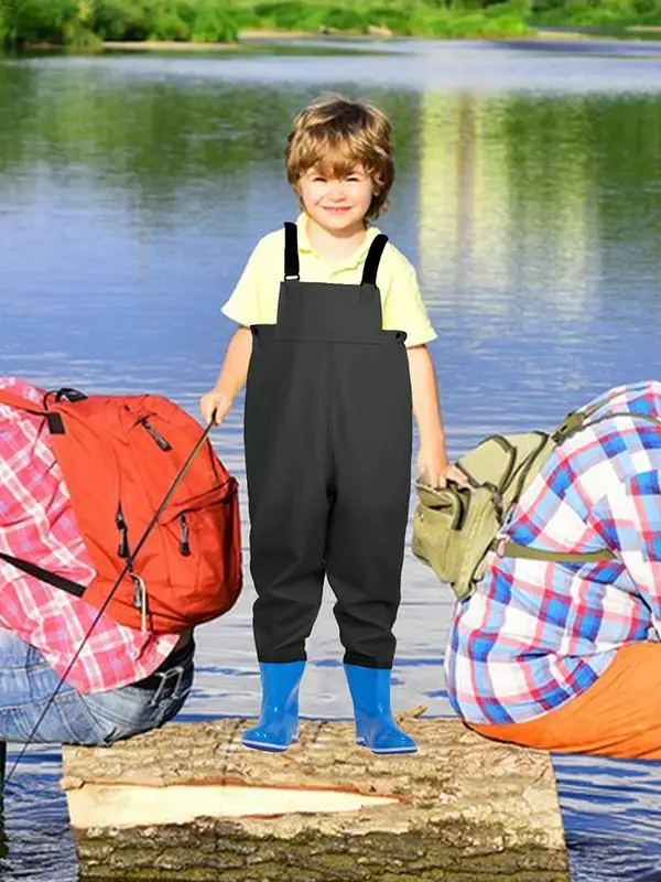 Youth Chest Wader PVC Wader Half Body Fishing Water Pants With Boots Elastic Waist Quick Release Buckles Adjustable For Kids