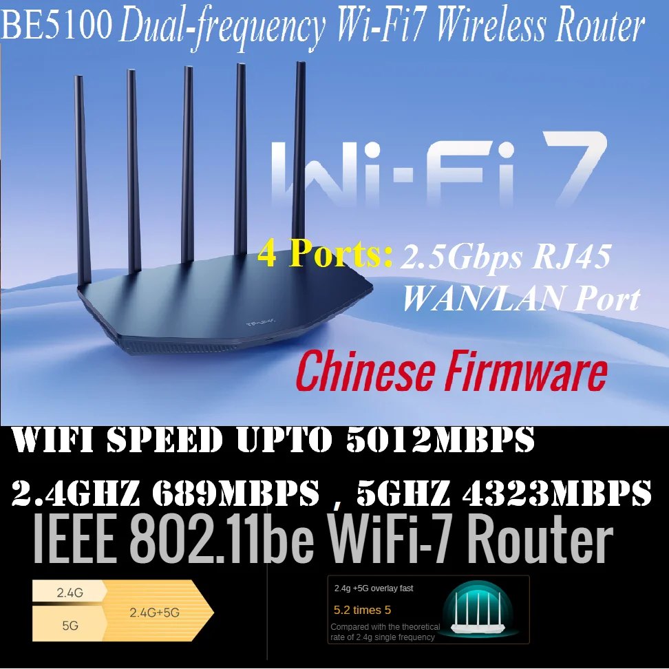 

4* 2.5Gbps RJ45, IEEE 802.11be WiFi-7 Router BE5100 WiFi7 Wireless Mesh Router Dual-frequency Wireless Router 2.4G 689M 5G 4323M