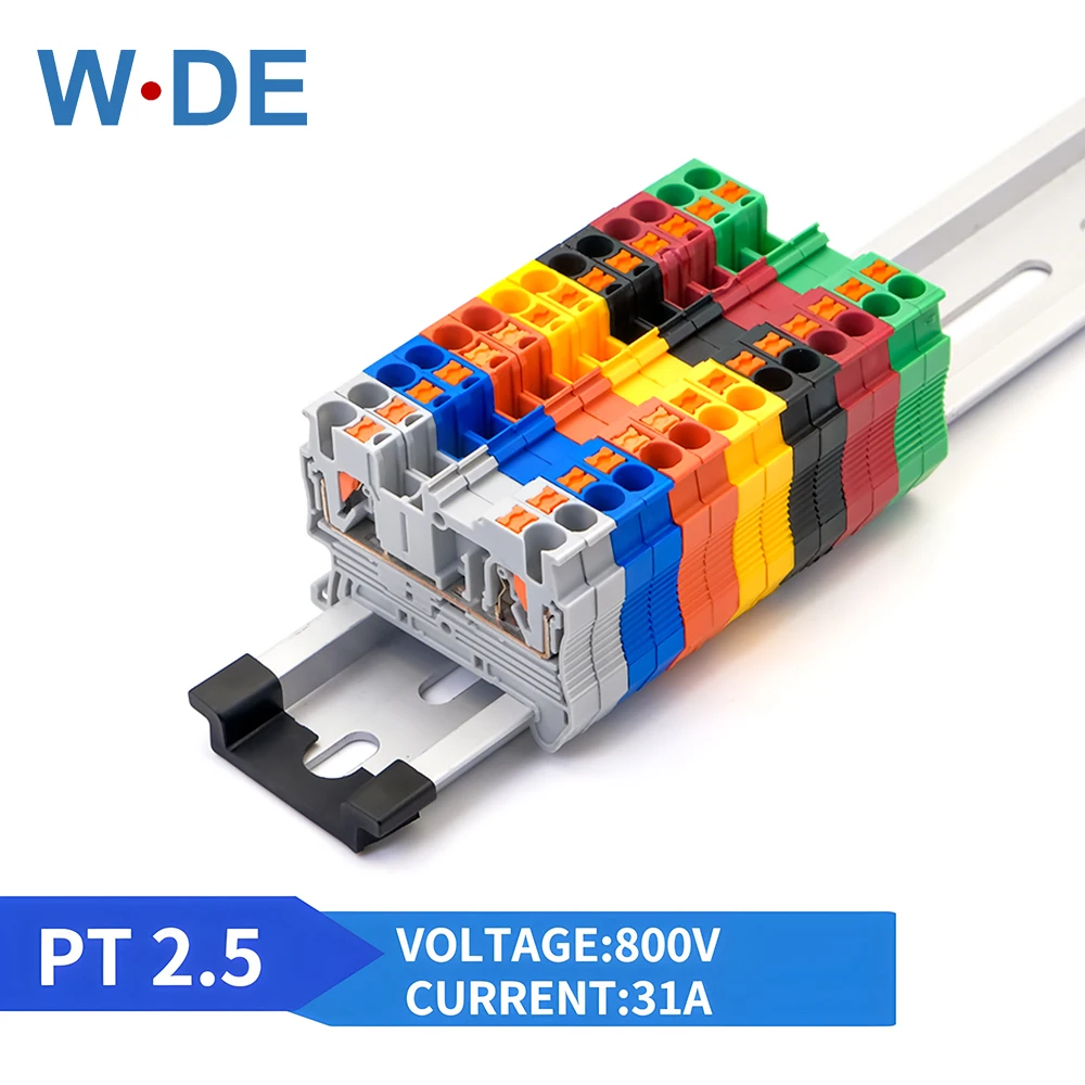 100Pcs Din Rail Terminal Block PT-2.5 Push In Spring Screwless Electrical Terminal Strip Block Connector PT2.5 Wiring Conductor din rail terminal block din rail