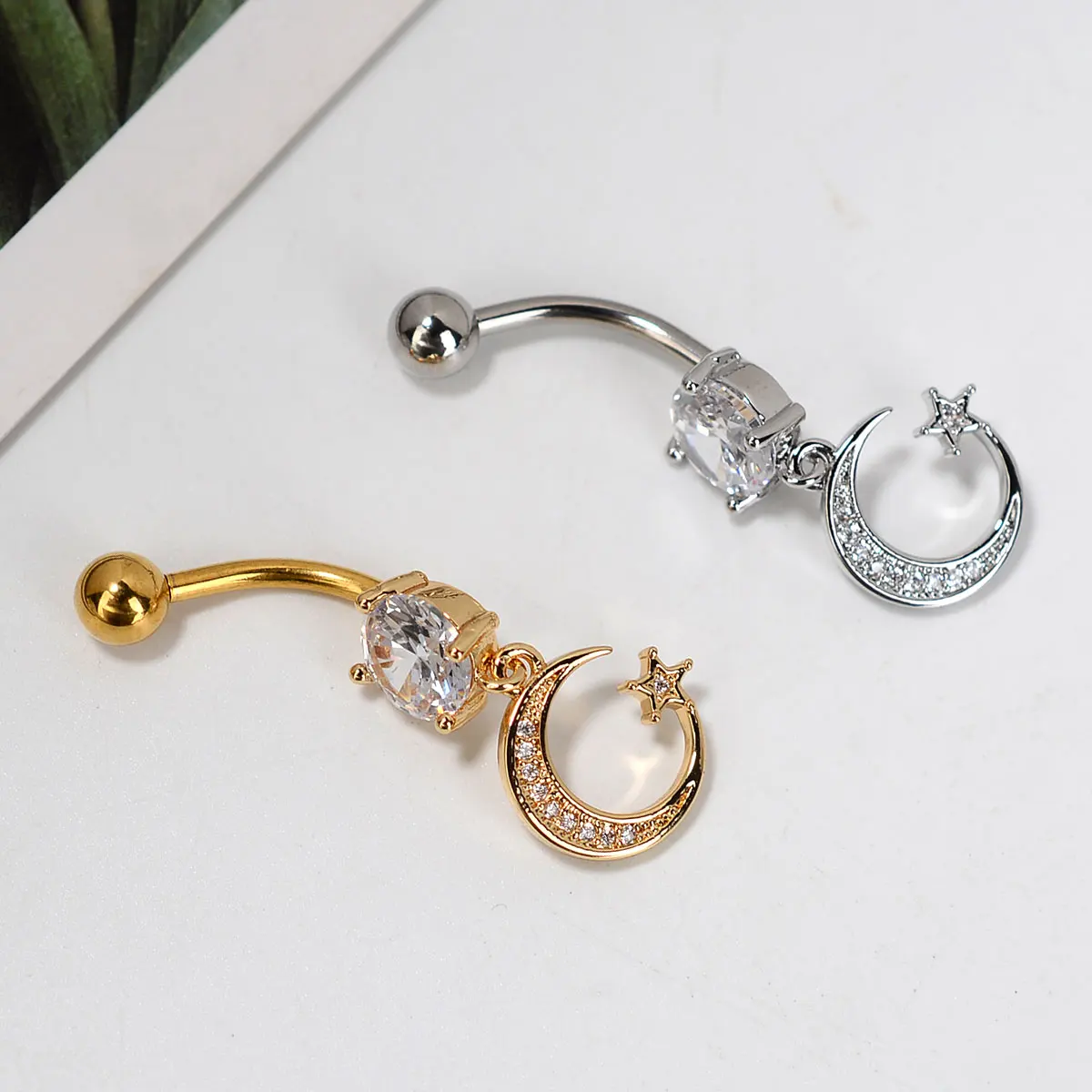 Women Stainless Steel Navel Belly Button Rings Summer Fashion Crystal Butterfly Star Moon Long Dangling Body Piercing Jewelry