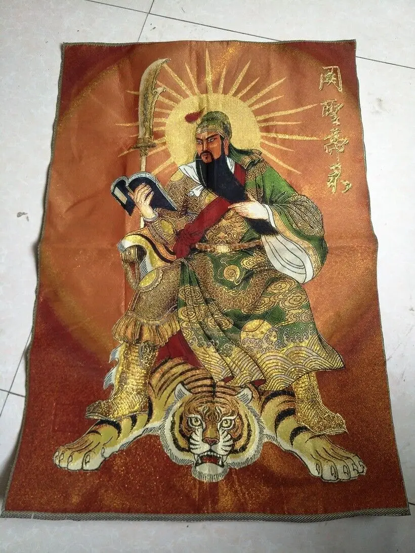 

Nepal Exquisite Old Silk Colorful Embroidery Thangka Mural Guan Yu Reading