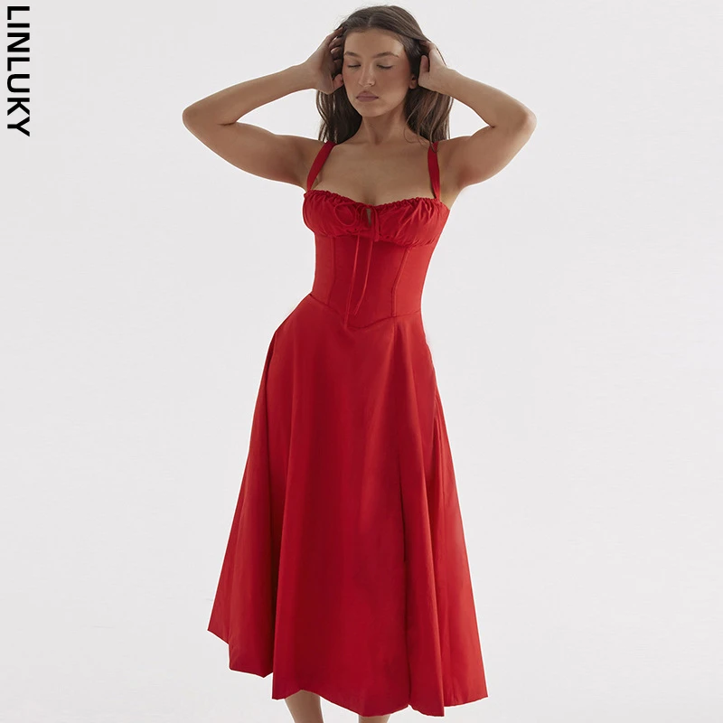 

Summer New French Casual Lace Up Waist Slim A Swing Slim Dress For Women Club Party Midi Dresses Woman Clothing