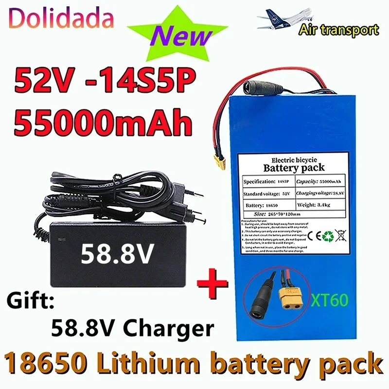 

NEW 52v 14s5p 55000mah 18650 2000w Lithium Battery with Bms, Used for Balance Bikes, Electric Bicycles, Scooters, Tricycles