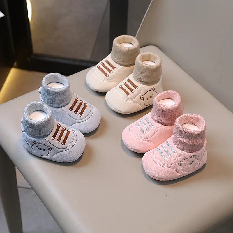 Cute Bear Baby Shoes Autumn Winter Knit Warm Soft Soled Shoes Socks for Boy Girl Indoor 0-1 Years Kids First Walkers Booties