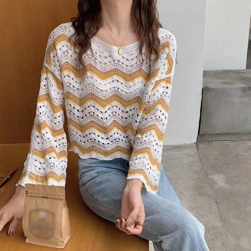 Women Vintage Crochet Shirts Contrast Color Striped Flare Sleeve Knitwear Blouse