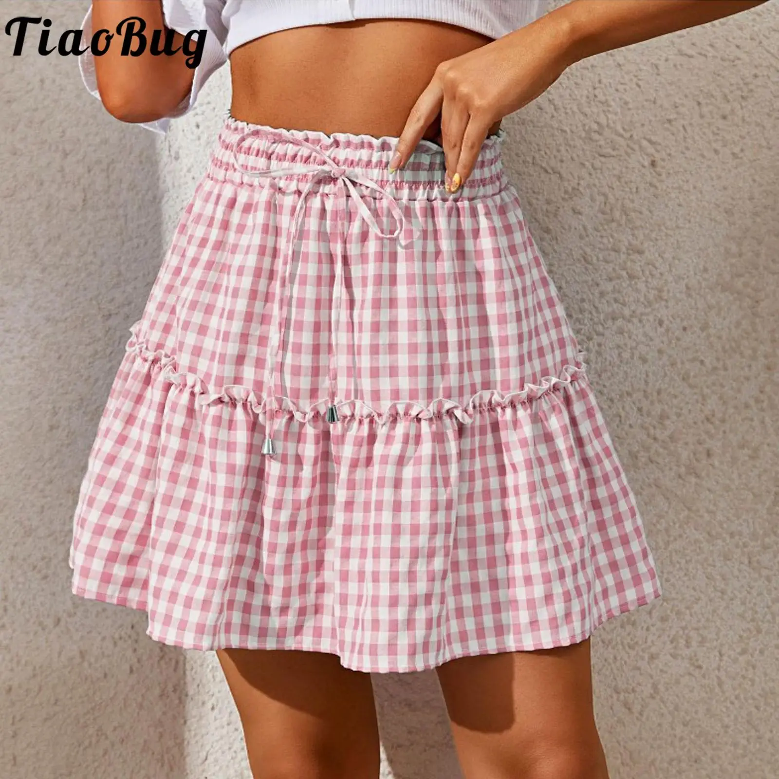 

Womens Cute Frilly Plaid Skirt Casual High Waist Bowknot Elastic Waistband Skirts for Vacation Holiday Beach Party