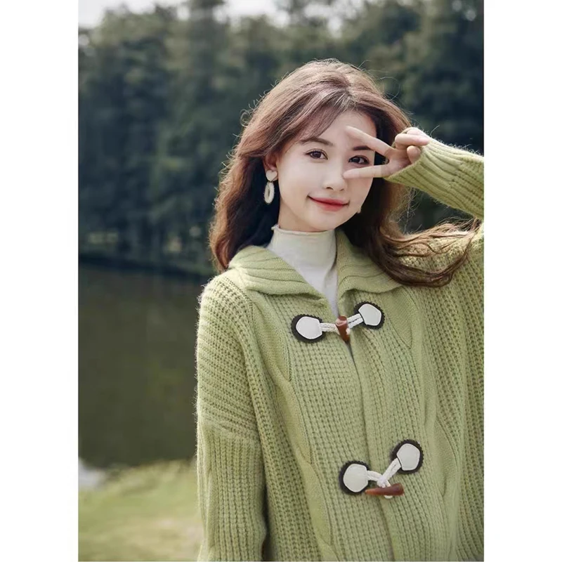 Autumn Maternity Sweaters Korean Style Long Sleeve Turn-down Collar Horn Button Fly Pregnant Woman Knitted Coats Cardigans