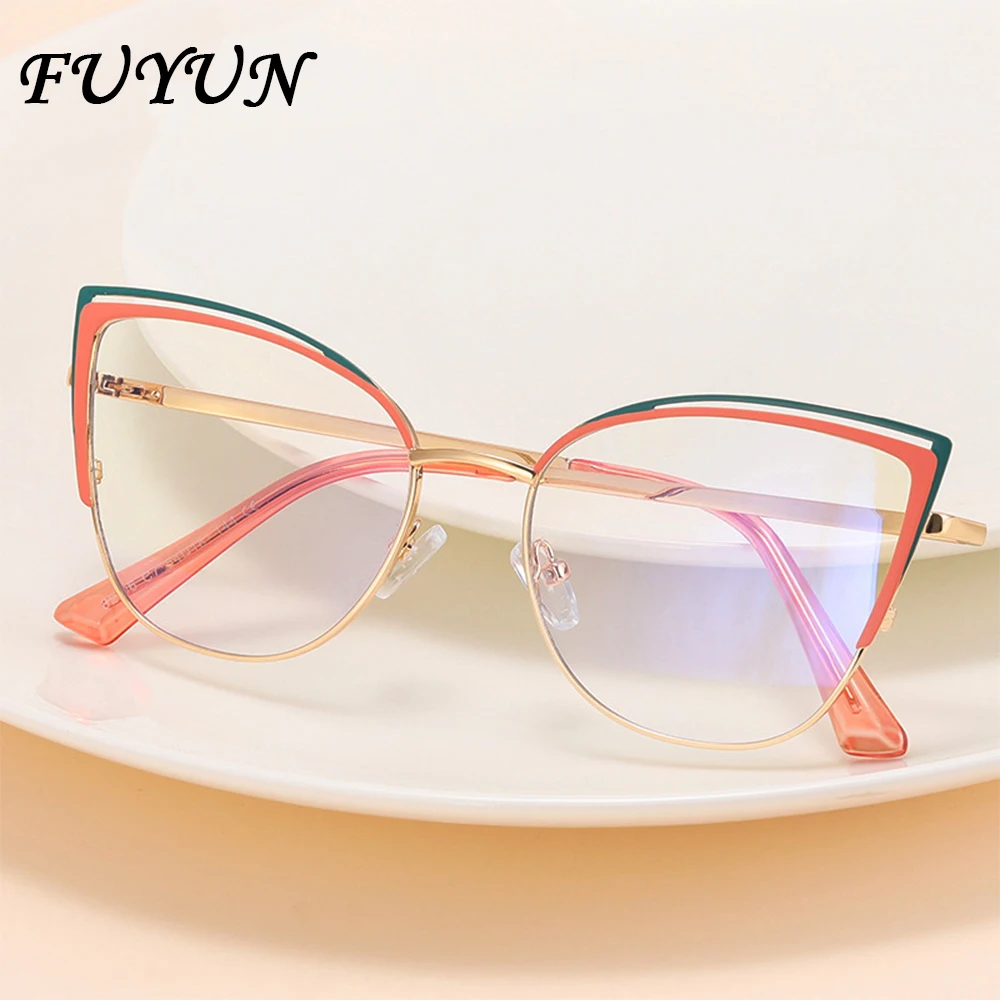 

Metal Cat Eye Women Patchwork Color Anti Blue Light Glasses New Fox Ear Computer Literature Glasses Retro Optical Glasses Frame