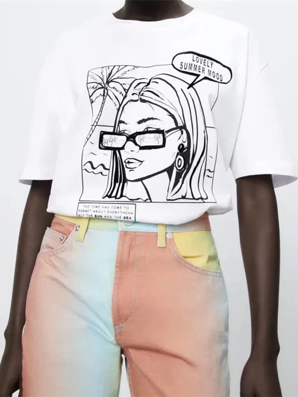 

Однотонная хлопковая Футболка с принтом для девочек, женская футболка с коротким рукавом и круглым вырезом, Модный повседневный весенне-летний новый топ