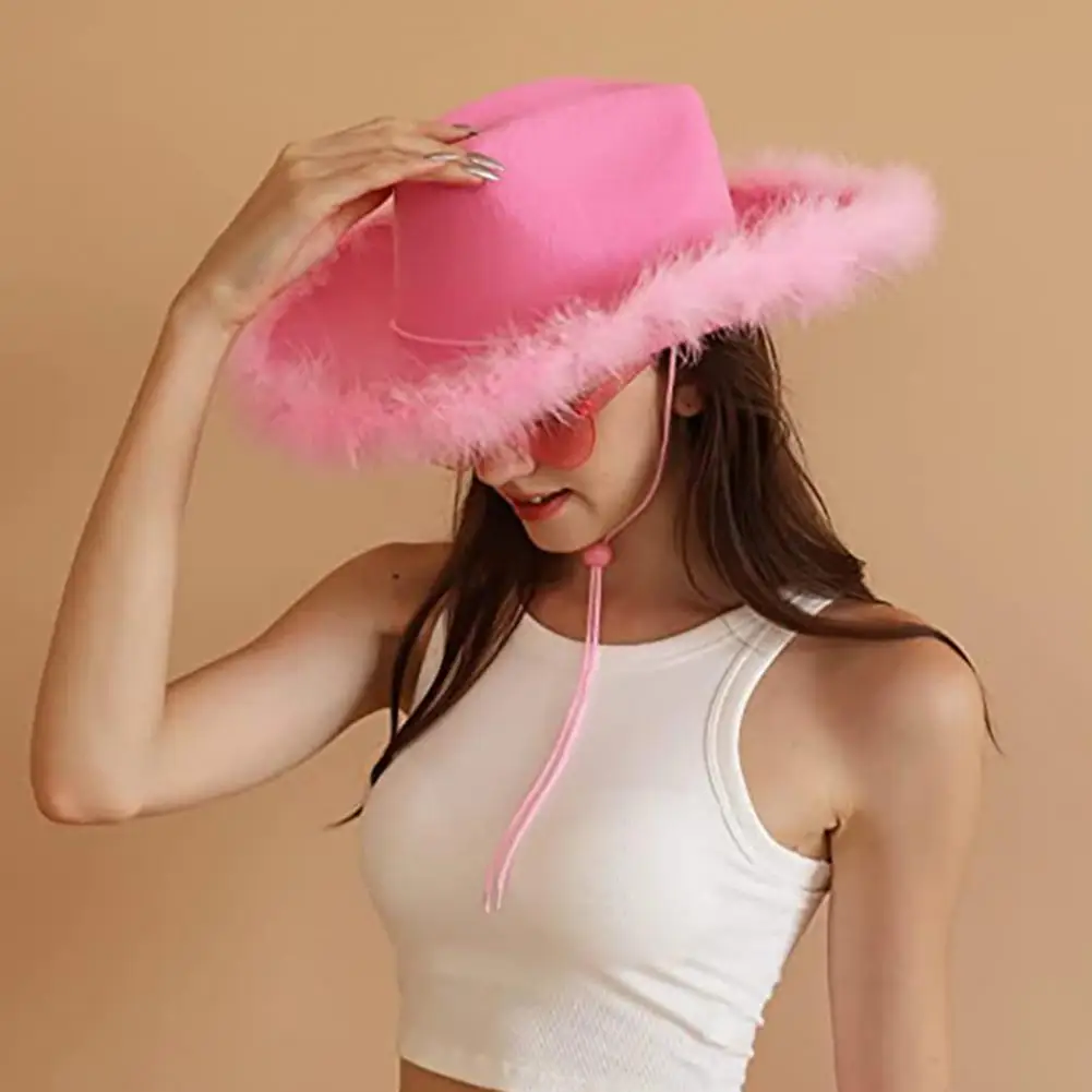 3Pcs/Set Cowgirl Hat Set Faux Feather Edge Wide Brimmed Hat Headscarf Glasses Set Cashew Nut Print Headscarf Heart Glasses