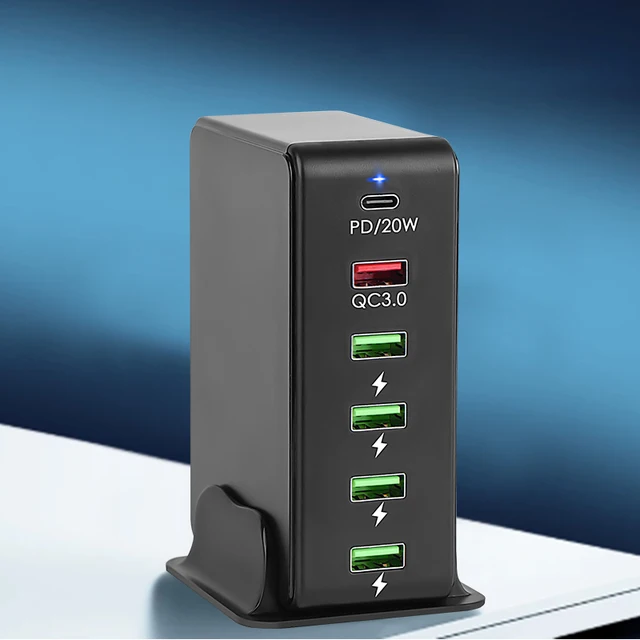6 θύρες γρήγορης φόρτισης QC3.0 USB φορτιστής HUB, σταθμός φόρτισης 20W PD γρήγορος φορτιστής για iPhone 12 pro 11 iPad Tablet Samsung_voghion.com