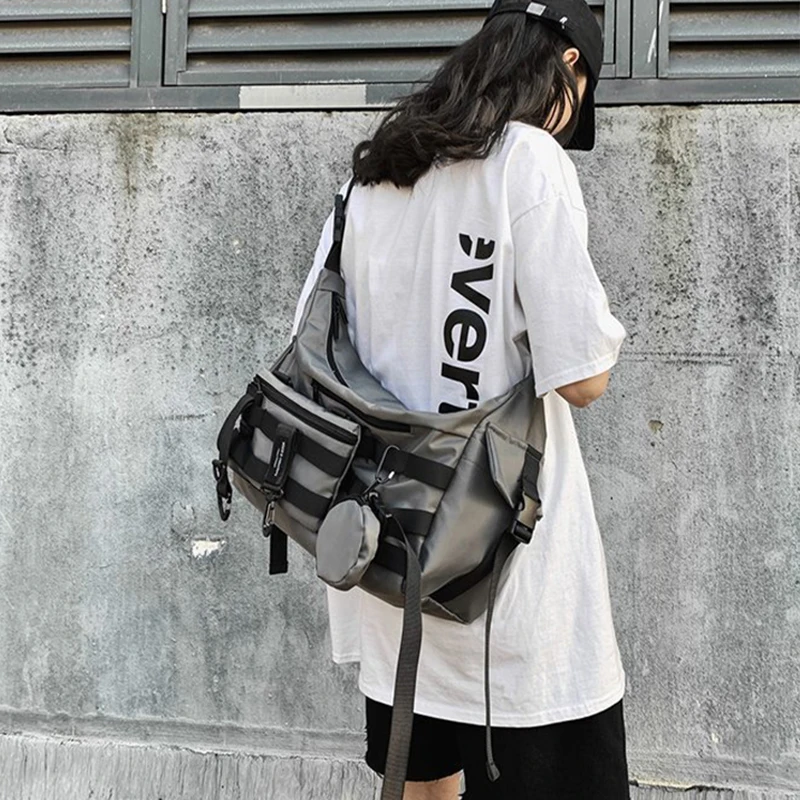 Men Shoulder Bag Gothic Black Crossbody Messenger Tote Bags Women's Shopper Nylon Hip Hop Techwear Satchel Waist Goth Postman