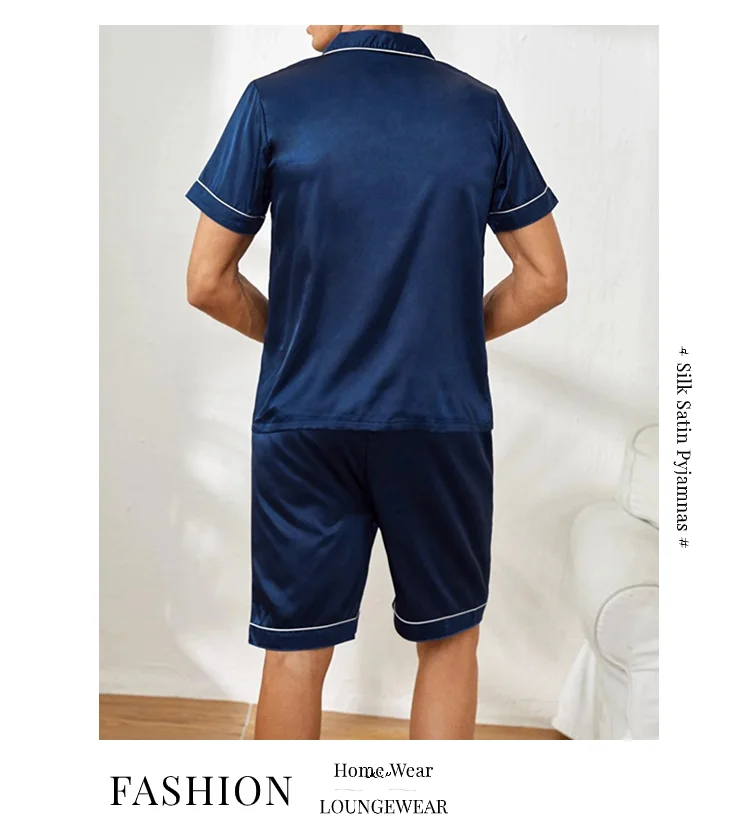 Zweiteiliges Herren-Pyjama-Set aus Satin, lässig, bequem, Pyjama, Knopftasche, kurzärmliges Hemd mit Shorts, Pyjama-Nachtwäsche für Herren – Detail 8