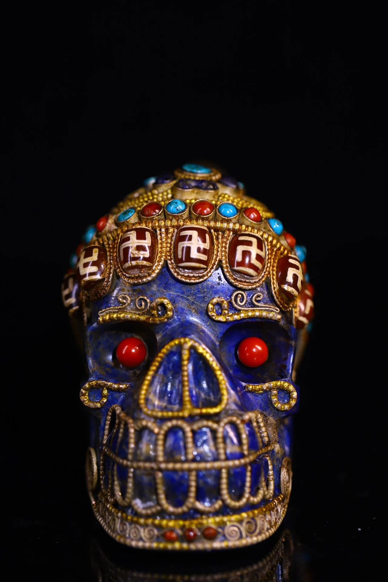 

4"Tibetan Temple Collection Old Natural lapis lazuli Tibetan silver Mosaic Gem gZi Beads Shituo Forest Skull Head Worship Hall