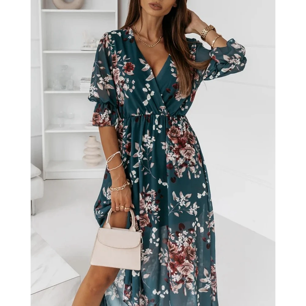 

Women Floral Print Midi Chiffon Dress Femme Summer V-Neck Three Quarter Ruffles Streetwear Casual Vacation Outfits Elegant