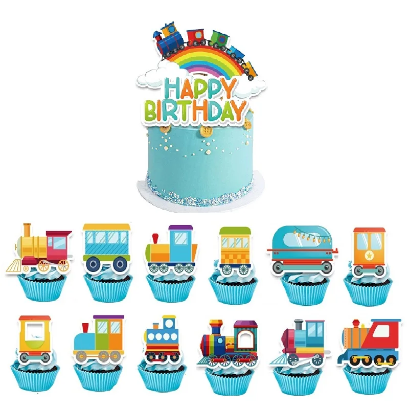Cartoon Train Theme Birthday Cake Decoration, Little Train Cake Toppers, Happy Birthday Inserts