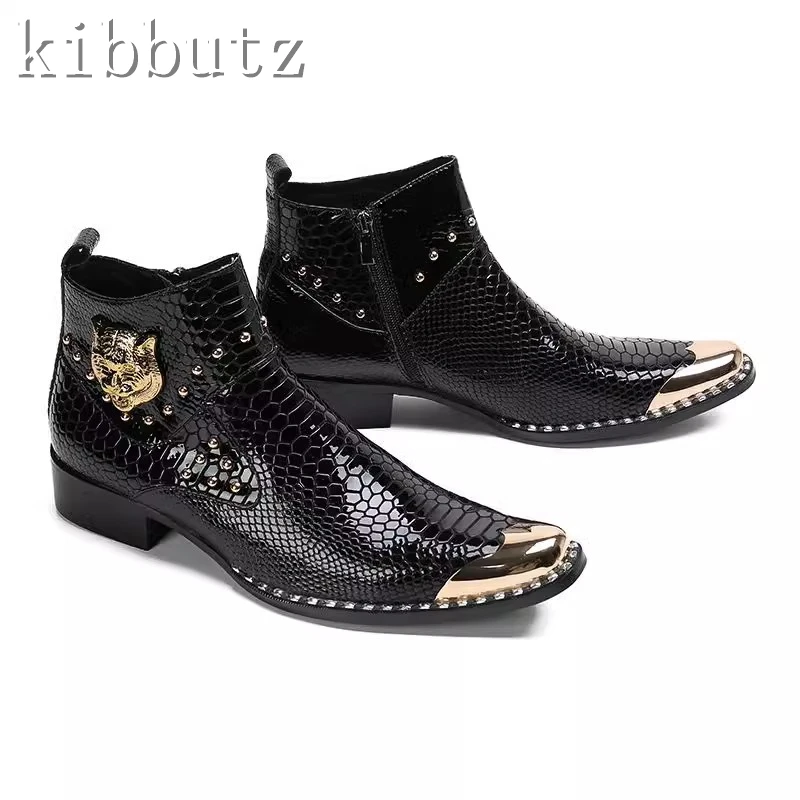 Luxury Genuine Leather Rivet Men's Ankle Boots British Square Toe Oxfords Brand Banquet Dress Business Formal Boots