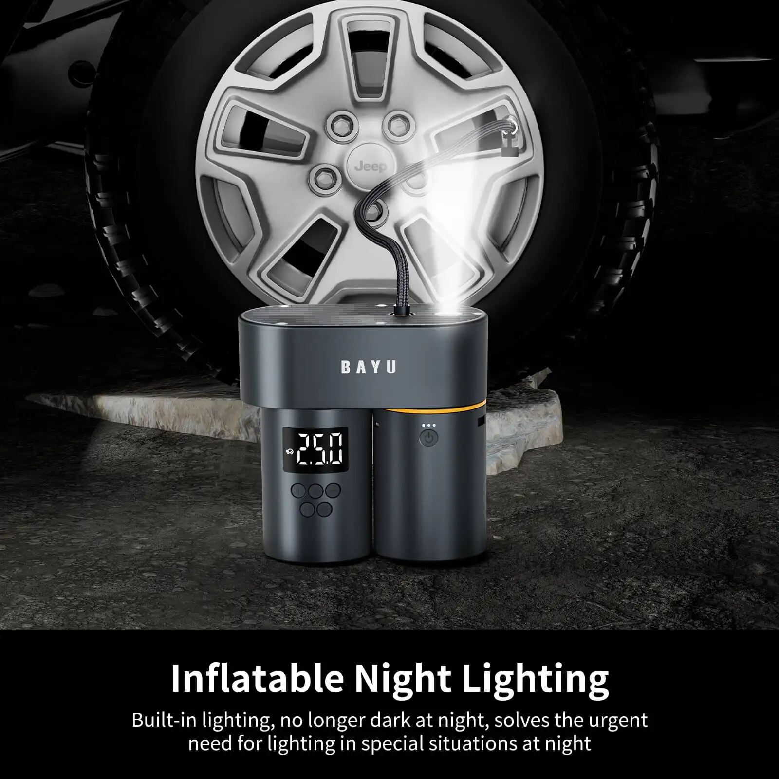 BAYU Ÿ�̾� ��â�� �޴�� ���� �����, ������ ���÷��̰� �ִ� �ڵ��� Ÿ�̾�� 150PSI ���� ����, �ڵ��� �����ſ� 15000mAh �������͸�