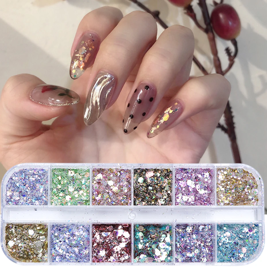Mermaid Hexagon Nail Glitter Powder Flakes 12 Grids nail powder,nail glitter,nail decoration,nail decorations,nail flakes