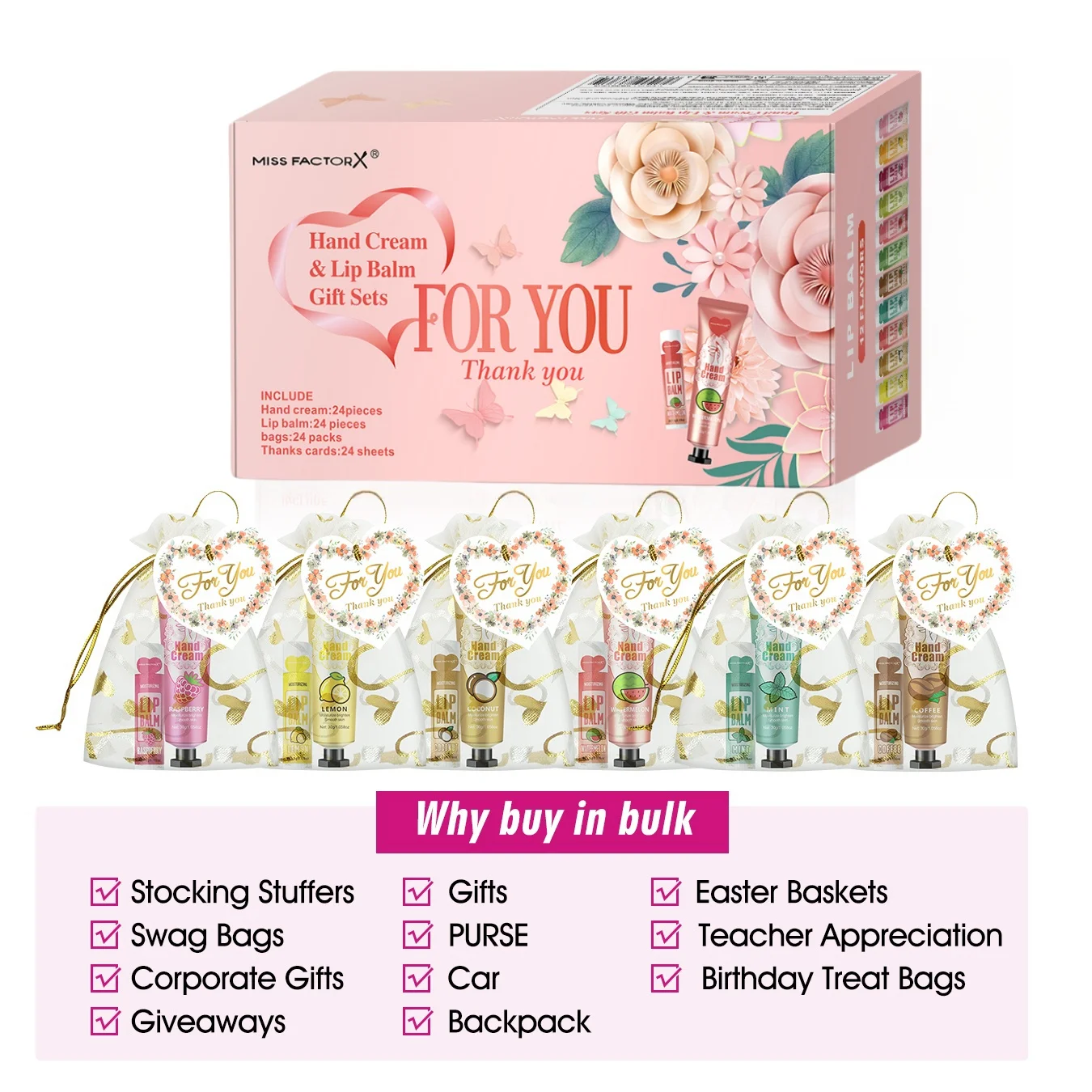 24 Hand gift Hand cream and lip balm set Friends Party Gift with love net bag and thank you card Holiday gift 6