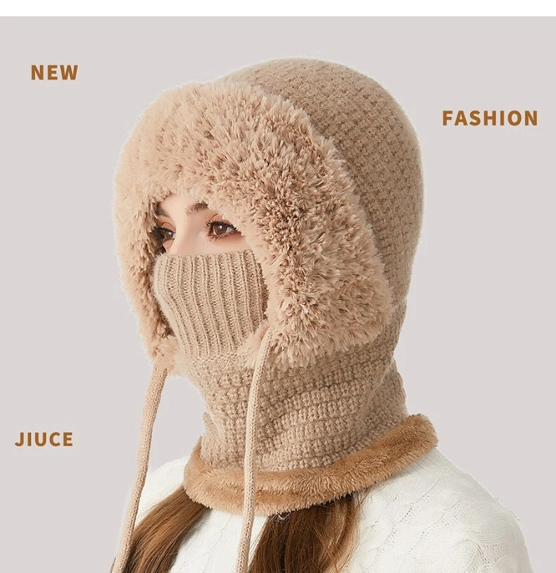 S7bdb88dac3674daa9bce2014c302fb87n Big Head Fit One-piece Hat Women Winter Padded Thickened Face Covering Knitted Hat Neck Mask Warm Large Size Soft Mallzona