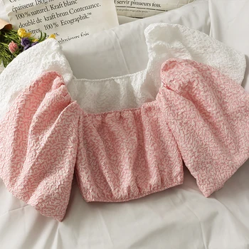 Women Cotton Puff Sleeve Off Shoulder Embossing Stretch Cropped  Blouse 2022 Summer Newly Slim Solid Casual Top