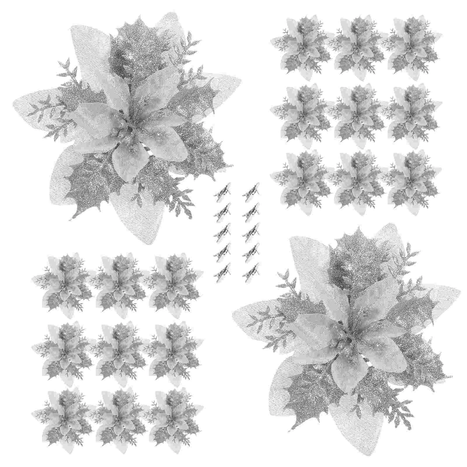

16pcs Christmas Glitter Poinsettia Flowers Decorative Faux Flowers with Clips for Christmas Wreath