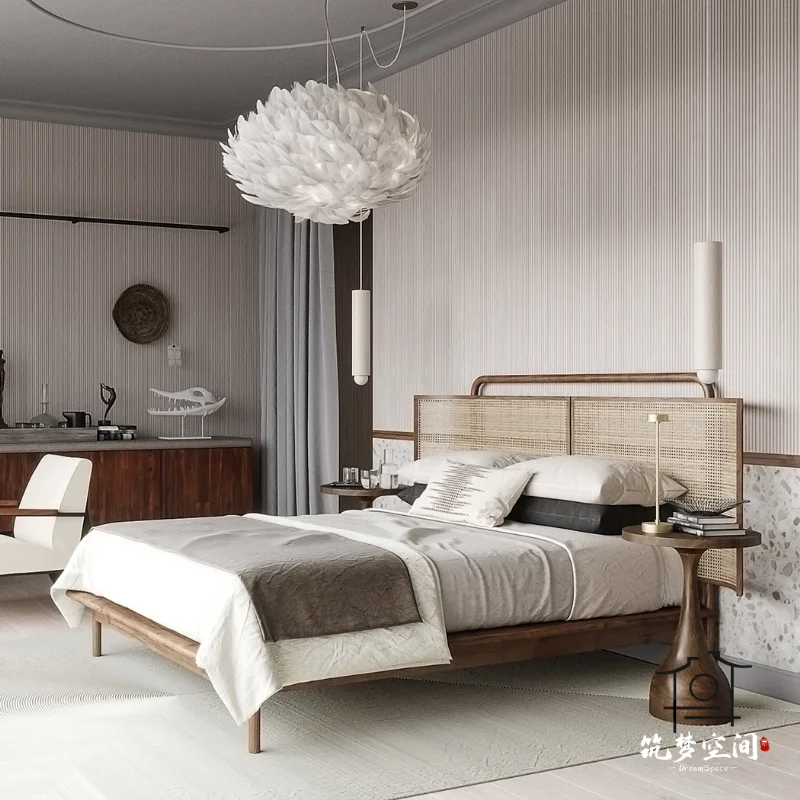 

Solid wood rattan bed B&B rattan bed modern simple home bedroom, master bedroom 1.8m double bed