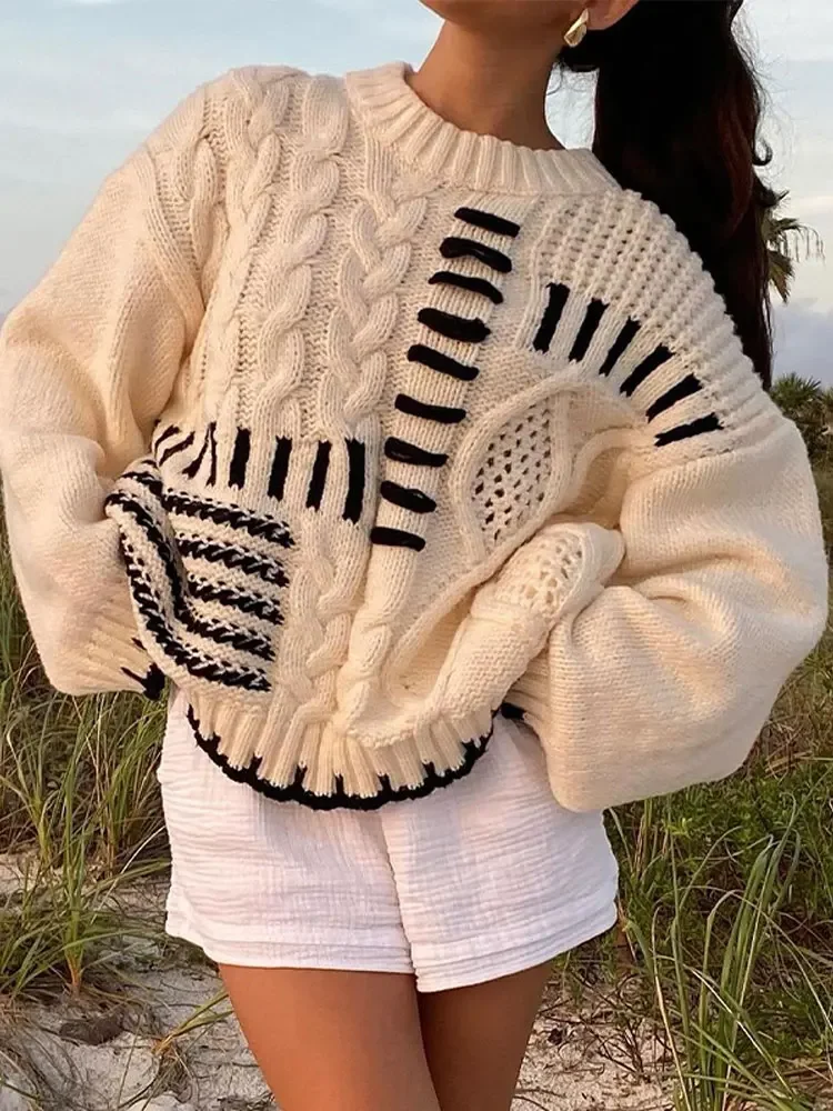 

Women Vintage Striped Patchwork Knitted Sweater Fashion Loose Long Sleeve O Neck Female Pullovers Autumn Warm Soft Ladies Jumper