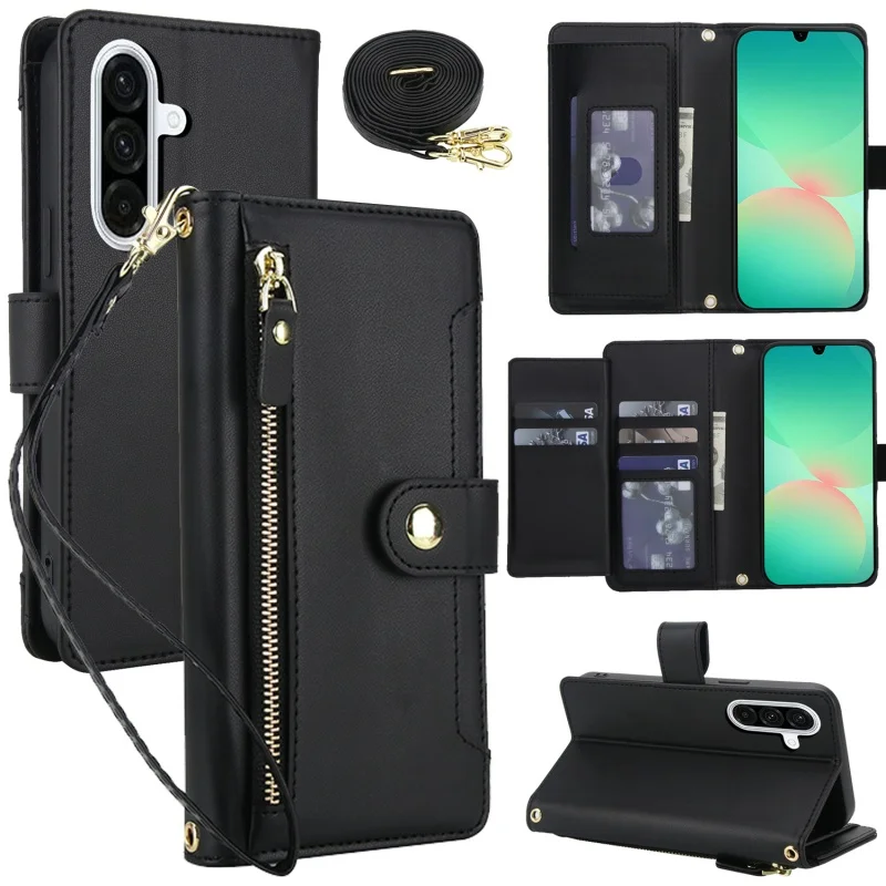 Lanyard Leather Zip Wallet Card Phone Case Cover