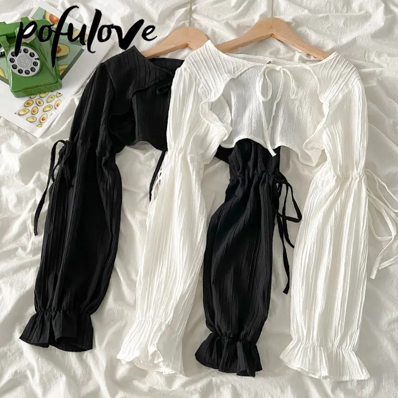 

White Sun Protection Clothing for Women Short Lace Up Summer Waistcoat Fashion Long Sleeve Shawl Canvas Loose Design Stacked Top