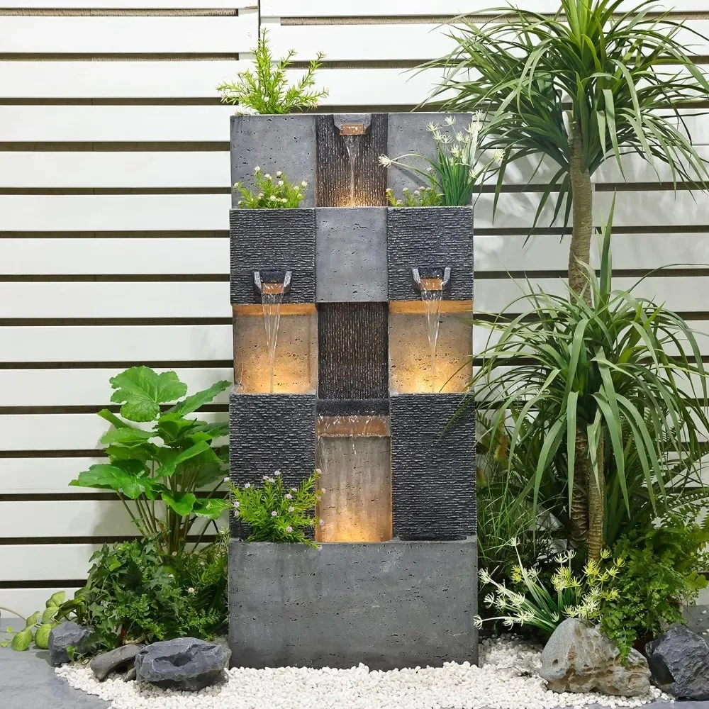 

45.3 Inch Garden Fountain Outdoor Garden, Terrace, 3 Floor Modern Cascade Outdoor Waterfall Fountain with Lights