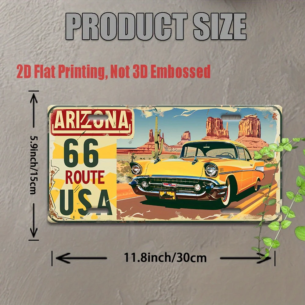 Description Picture 4 of item2D Flat, Route 66 Arizona USA Aluminum Sign with Classic Car Scene, Great for Home, Bar, Cafe, Garage Wall Art, Industrial Decor
