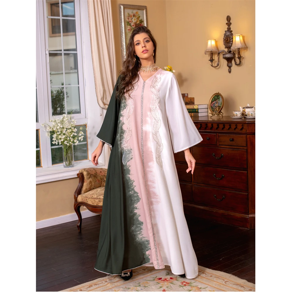 

Beaded Embroidery Abaya for Women Muslim Dubai Turkey Kaftan Eid Mubarak Islamic Jalabiya Marocain Robe Ramadan Dress Djellaba