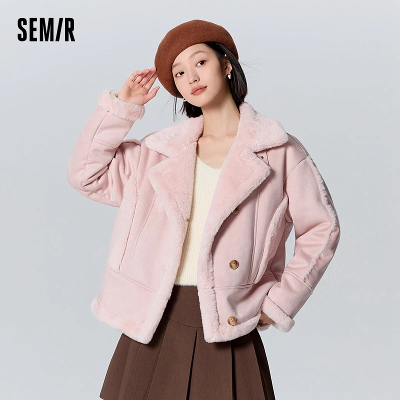 Semir Jacket Women Faux Suede Faux Rabbit Fur Warm Winter Lapel Motorcycle Style Retro Loose Jacket faux fur jacket