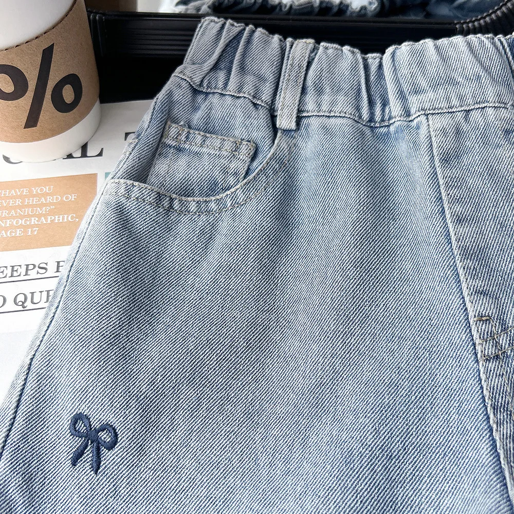 봄 가을 여아용 리본 자수 청바지 신축성 있는 허리 루즈핏 와이드 레그 캐주얼 스트레이트 데님 팬츠 아동 바지