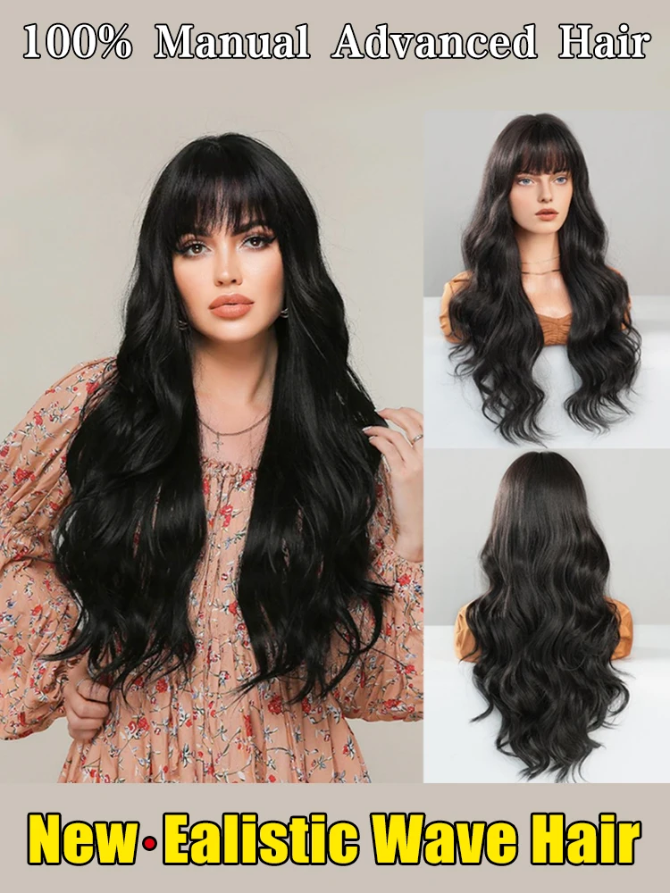 Human Hair Bangs and Wavy Curls synthetic human hair wig Easy to care