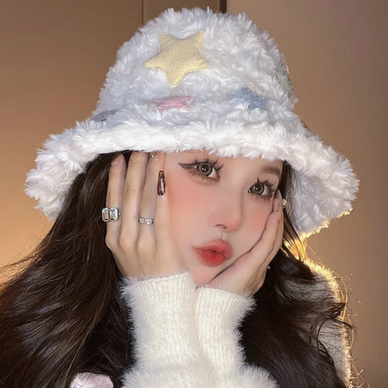 

Sweet Star Fisherman Hat Women Y2K Cute Thickened Warm Plush Hats Korean Trendy Fur Skullies Beanies Retro Solid Bucket Caps