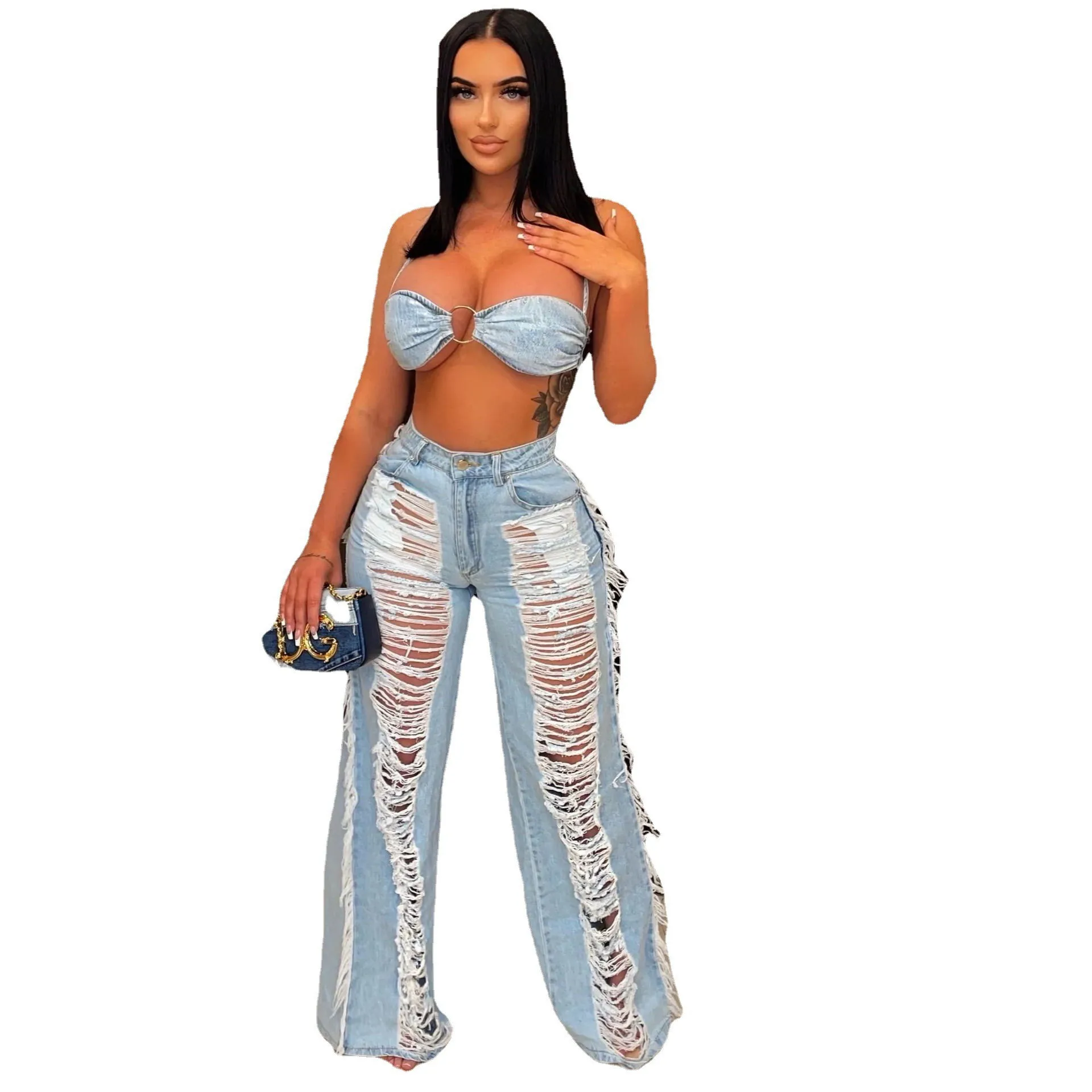 Sexy Strapless Tops Denim Pants Two Piece Set Women Lace Up Bra Ripped Jeans  Suit Ladies Fashion Streetwear Outfits 2022 - Pant Sets - AliExpress