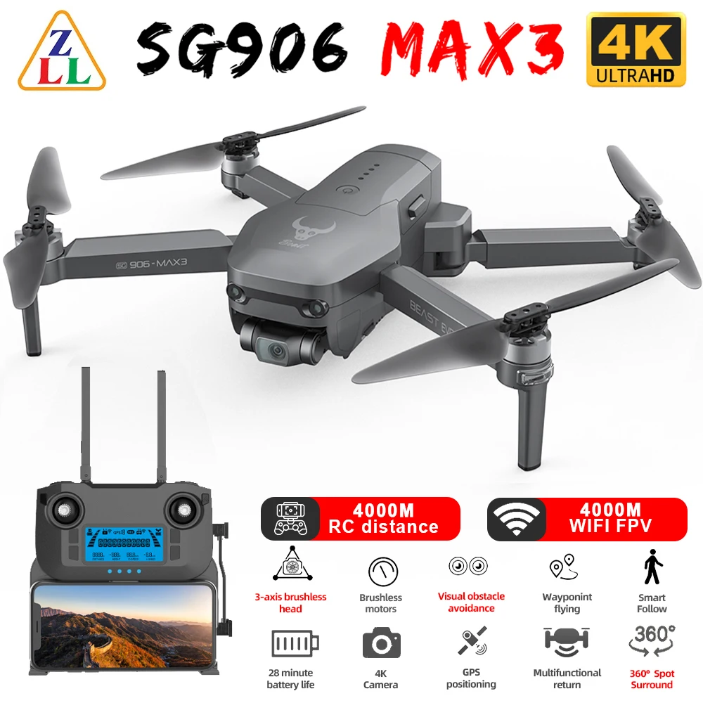 ZLL SG906 MAX RC Drone 4K Caméra avec poche portable et acuus, Cardan 3 axes, évitement d'obstacles, WiFi 5G GPS FPV Drone RC sans balais pour débutants