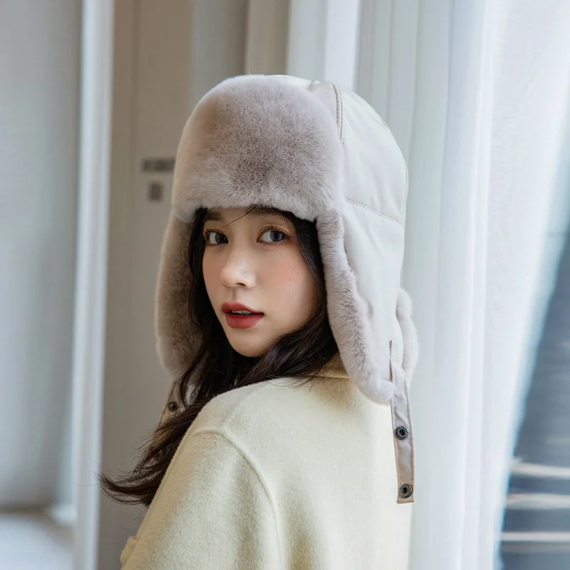 

New Winter Women's Ski Hat Thickened Rabbit Hair Warm Ear Protection Lei Feng Hat Casual Fashion Trend Fur Hat 2023