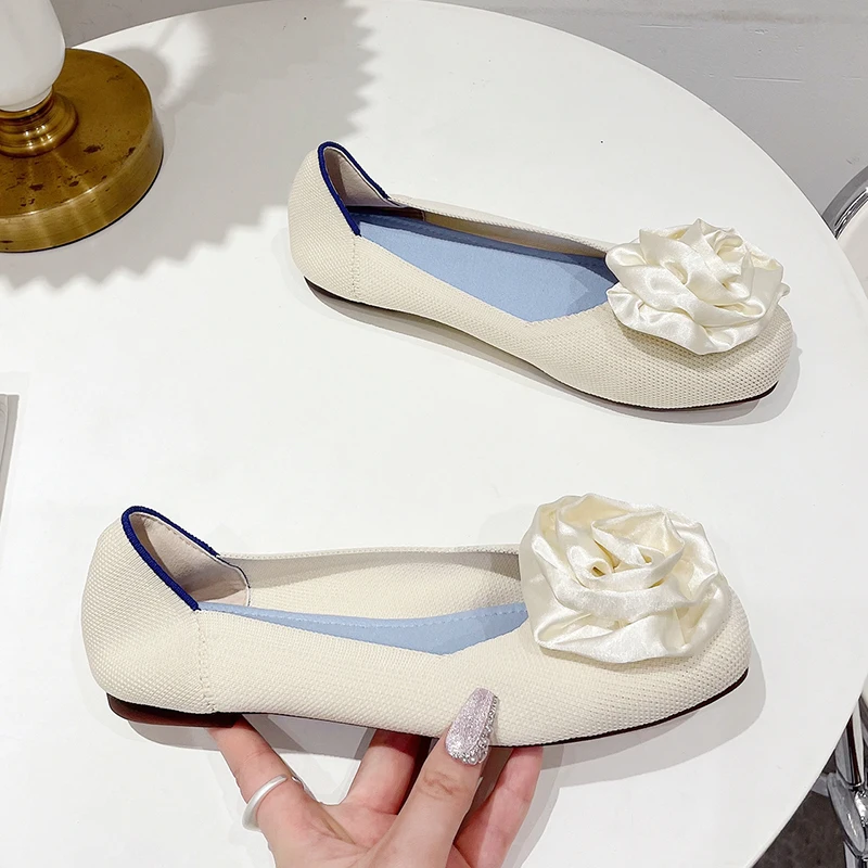 ZOOKERLIN Spring Autumn Flats Shoes For Women Solid Color Knitted Breathable Rubber Non Slip Sole Latex Insole Work Shoes Flower