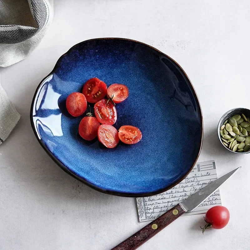 Ceramic Salad Plate Supplies Kitchen Lrregular Food Dish European Blue Dinner Plates Glaze Pottery Household Tableware